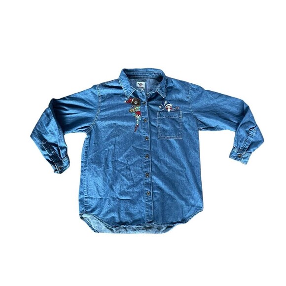 Vintage Women's Christmas ELF & Toys Long Sleeve Denim Jean Shirt Size XL Cotton - Picture 9 of 9